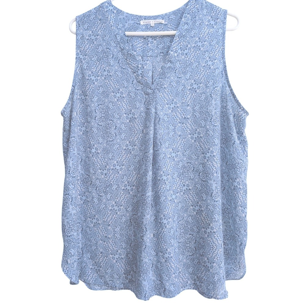 Violet + Claire Blue Floral Print Flowy Boho Sleeveless V-Neck Blouse Top XL